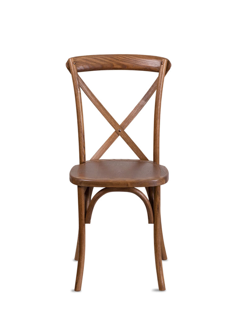 Front of Crossback Chestnut Wood Wedding Chair Rentals in Atlanta by Rentalry